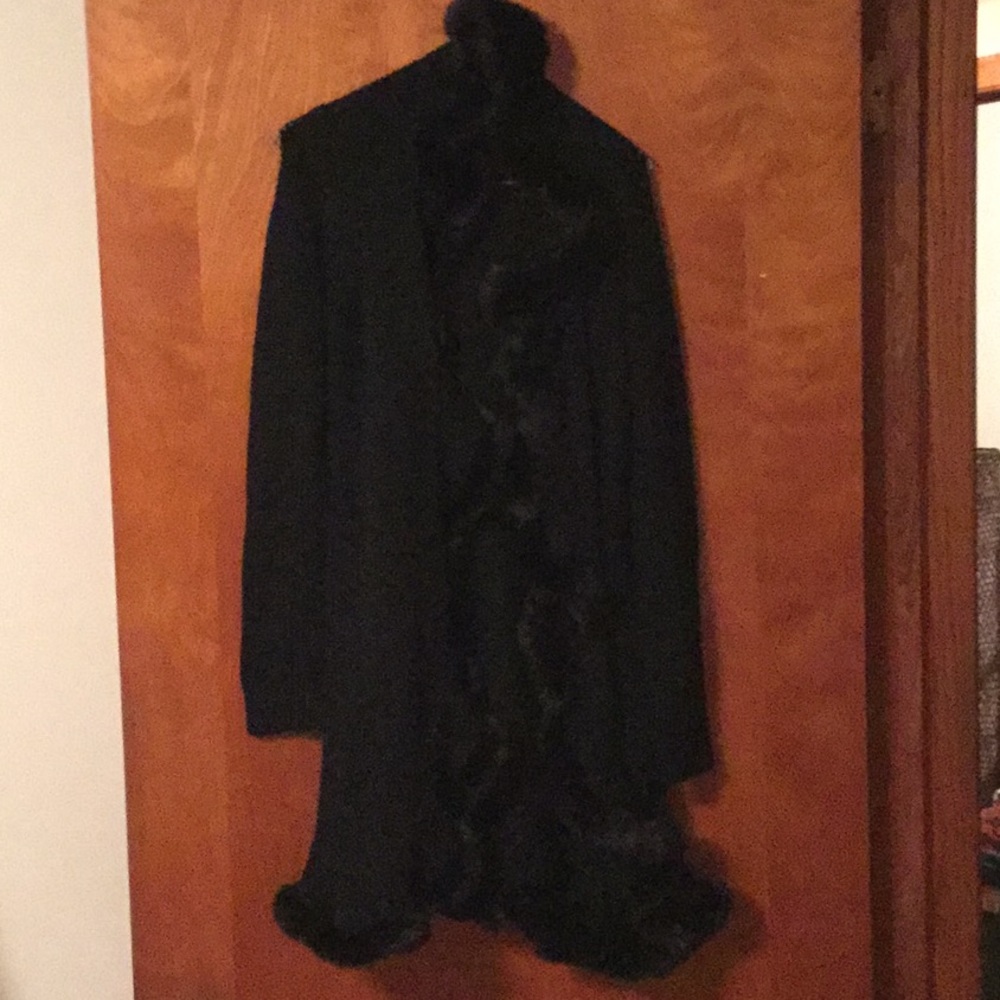 Black cardigan sweater with fur trim